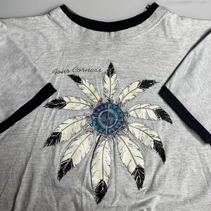 Vintage Native American Indian Ringer Shirt Mens XL Gray Feather Headdress USA